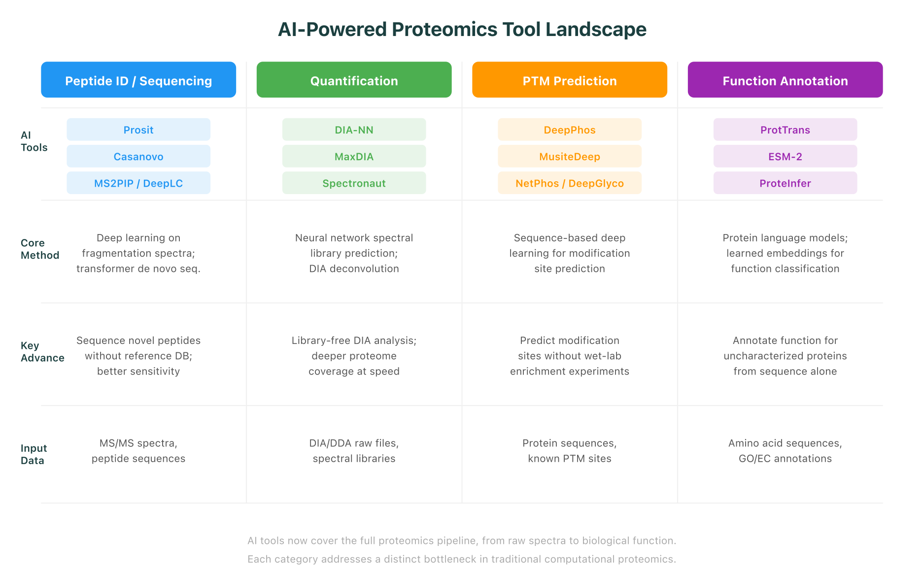 AI proteomics tool landscape showing tools for peptide identification, quantification, PTM prediction, and function annotation
