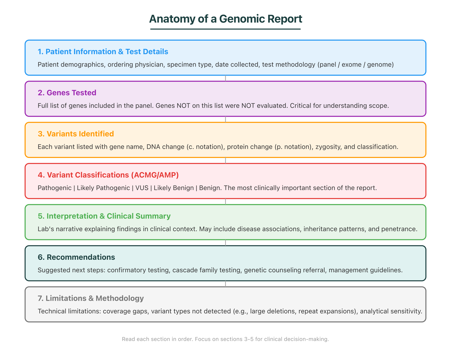 Anatomy of a genomic report, showing seven standard sections from patient information through limitations
