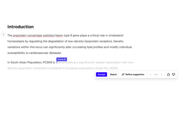 Purna AI inline scientific writing suggestion with accept, reject, and refine controls