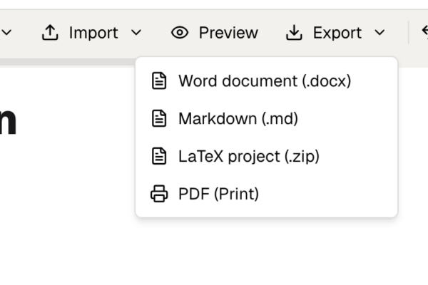 Purna AI export menu with Word, Markdown, LaTeX, and PDF options